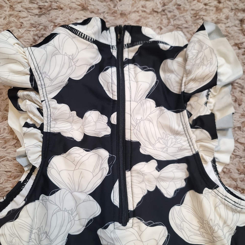 RuffleButts Swimsuit Girls 12 Black White Floral Ruffle One Piece Rash Guard - Picture 7 of 7